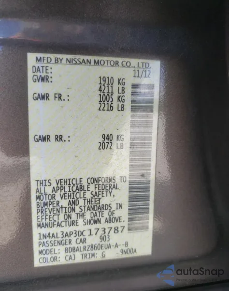 2013 Nissan Altima 2.5 from USA, damaged, VIN 1N4AL3AP3DC173787